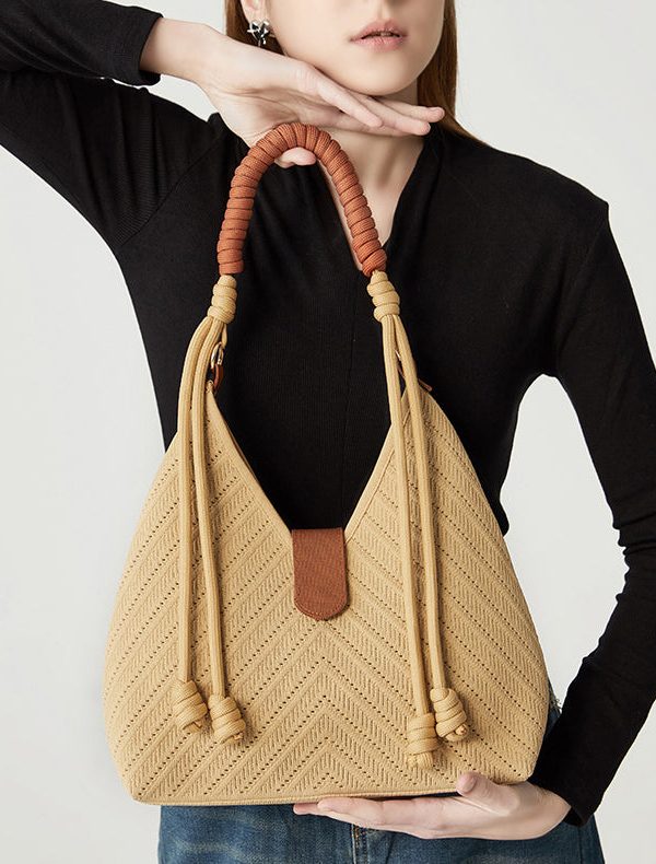 Art Khaki Hollow Out Tasseled Woven Shoulder Bags