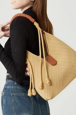 Art Khaki Hollow Out Tasseled Woven Shoulder Bags