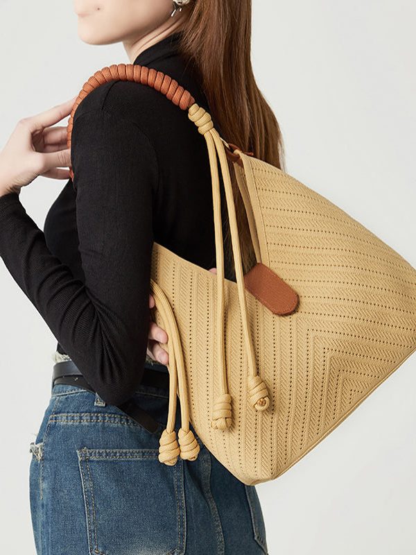 Art Khaki Hollow Out Tasseled Woven Shoulder Bags