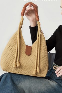 Art Khaki Hollow Out Tasseled Woven Shoulder Bags