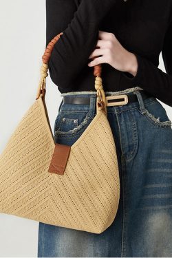 Art Khaki Hollow Out Tasseled Woven Shoulder Bags