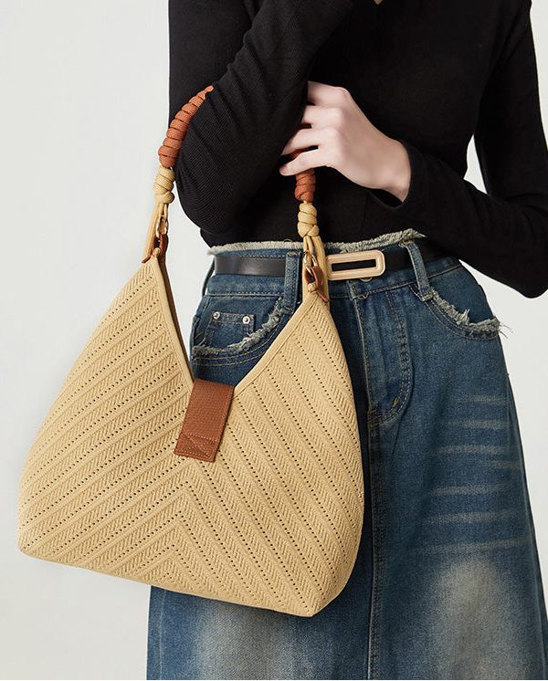 Art Khaki Hollow Out Tasseled Woven Shoulder Bags