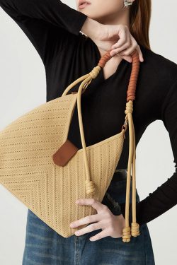 Art Khaki Hollow Out Tasseled Woven Shoulder Bags