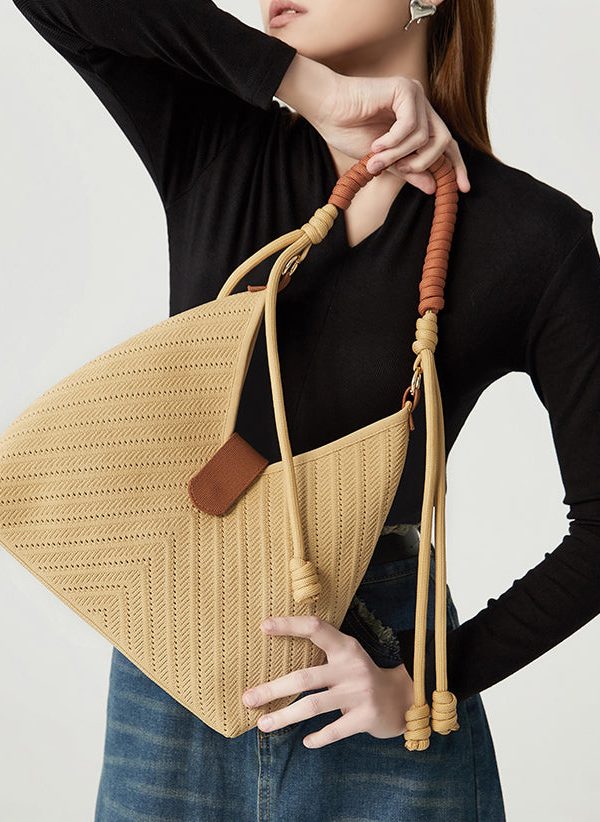 Art Khaki Hollow Out Tasseled Woven Shoulder Bags