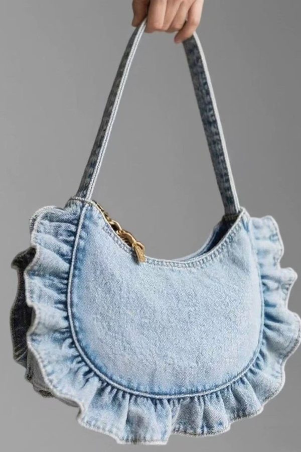 Art Light Blue Ruffled Denim Women Handbags