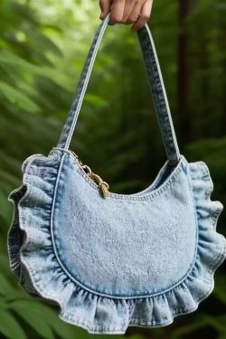 Art Light Blue Ruffled Denim Women Handbags