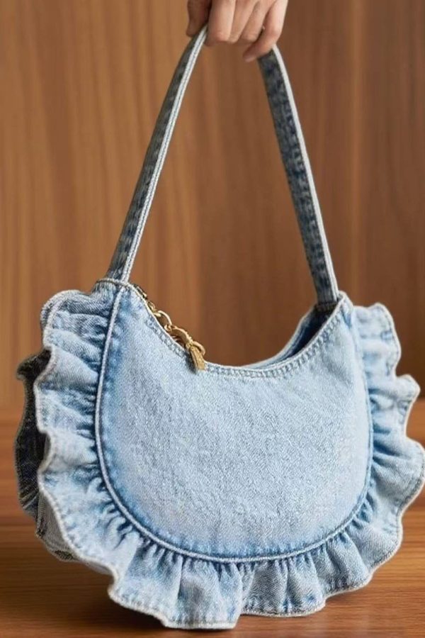 Art Light Blue Ruffled Denim Women Handbags