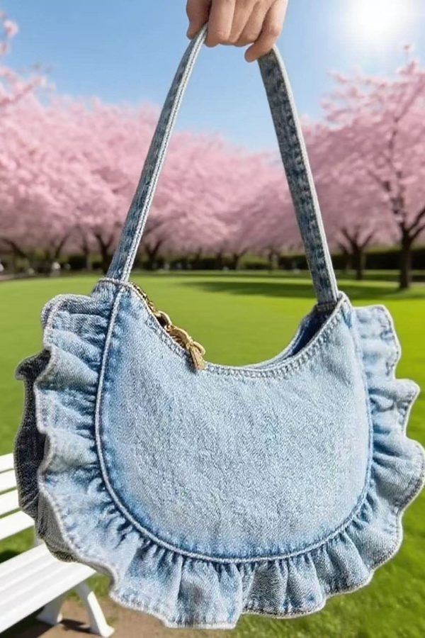 Art Light Blue Ruffled Denim Women Handbags