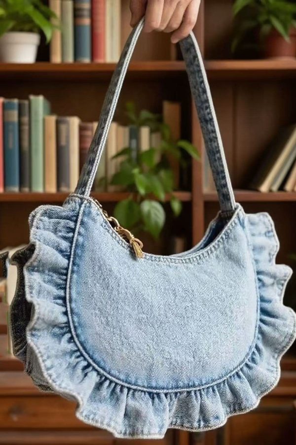 Art Light Blue Ruffled Denim Women Handbags