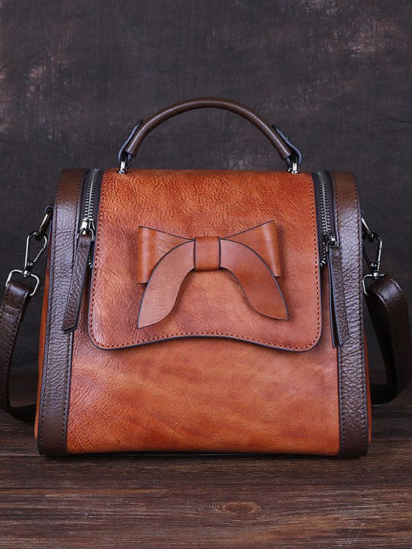 Art Red Brown fashion bow Paitings Calf Leather Messenger Bag