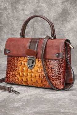 Art Yellow Crocodile pattern Paintings Calf Leather Satchel Handbag