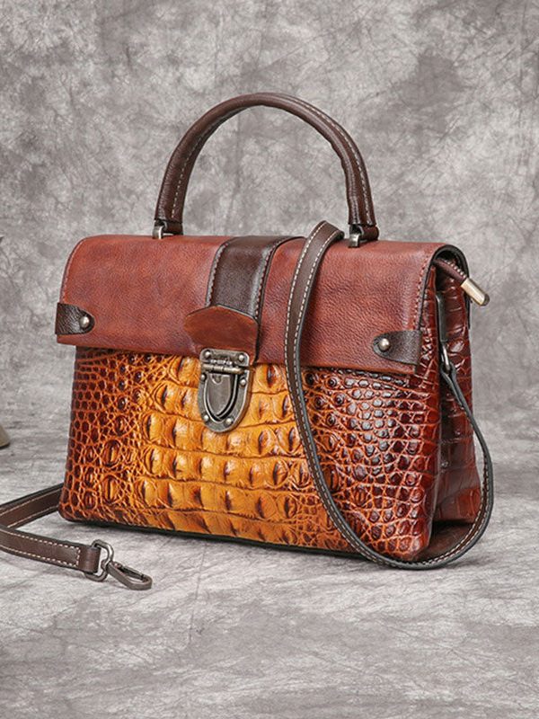 Art Yellow Crocodile pattern Paintings Calf Leather Satchel Handbag