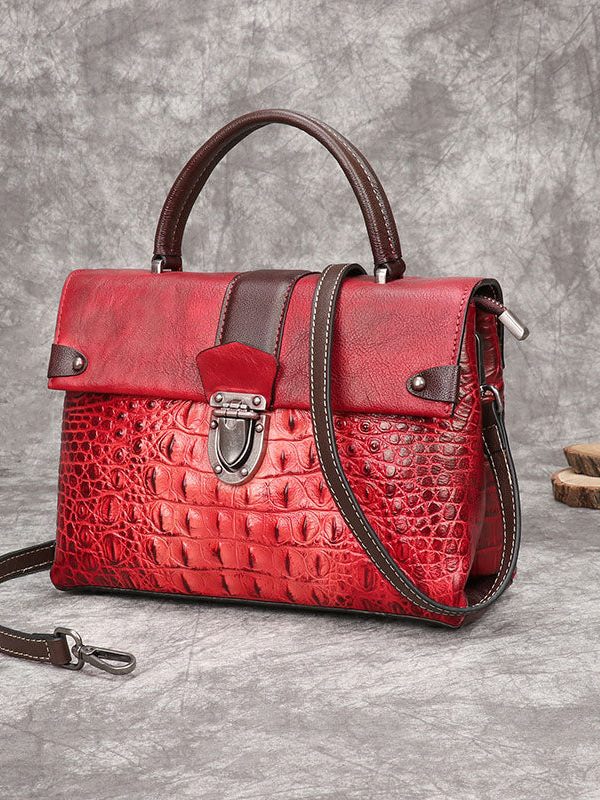 Art Yellow Crocodile pattern Paintings Calf Leather Satchel Handbag