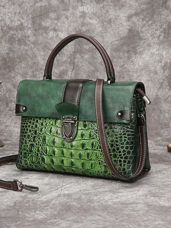 Art Yellow Crocodile pattern Paintings Calf Leather Satchel Handbag
