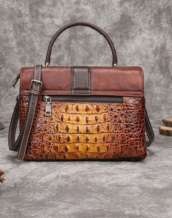 Art Yellow Crocodile pattern Paintings Calf Leather Satchel Handbag