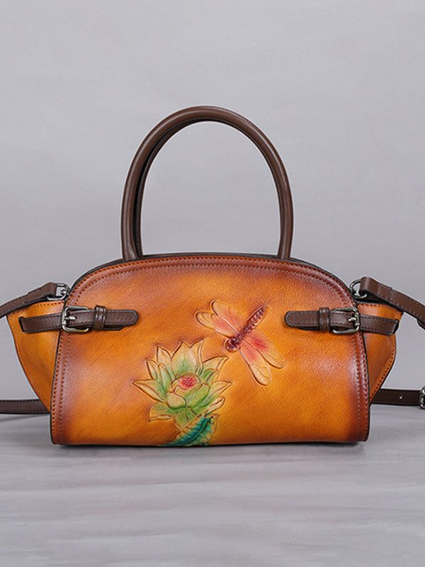 Art Yellow Floral Paitings Calf Leather Messenger Bag