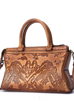 Art Yellow Landscape painting embossing Paitings Calf Leather Satchel Handbag