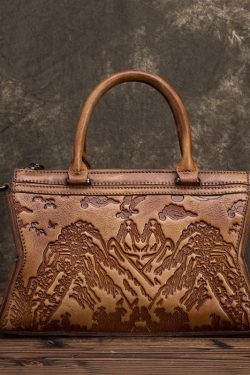 Art Yellow Landscape painting embossing Paitings Calf Leather Satchel Handbag