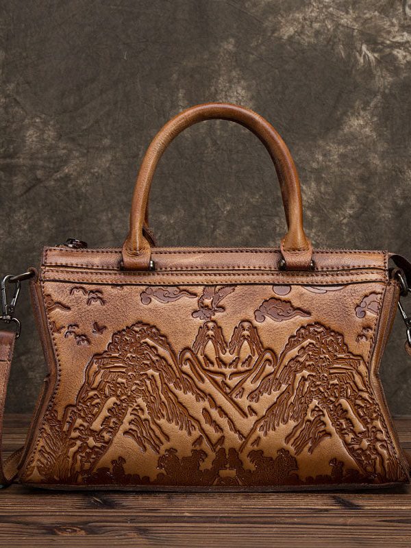 Art Yellow Landscape painting embossing Paitings Calf Leather Satchel Handbag