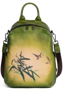 Art Yellow Print Paitings Calf Leather Backpack Bag