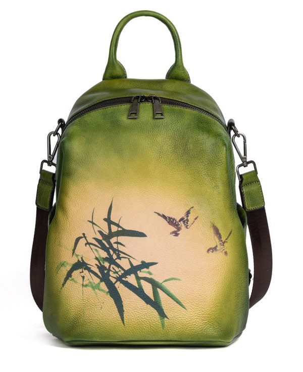 Art Yellow Print Paitings Calf Leather Backpack Bag