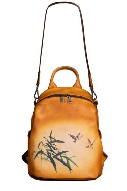 Art Yellow Print Paitings Calf Leather Backpack Bag