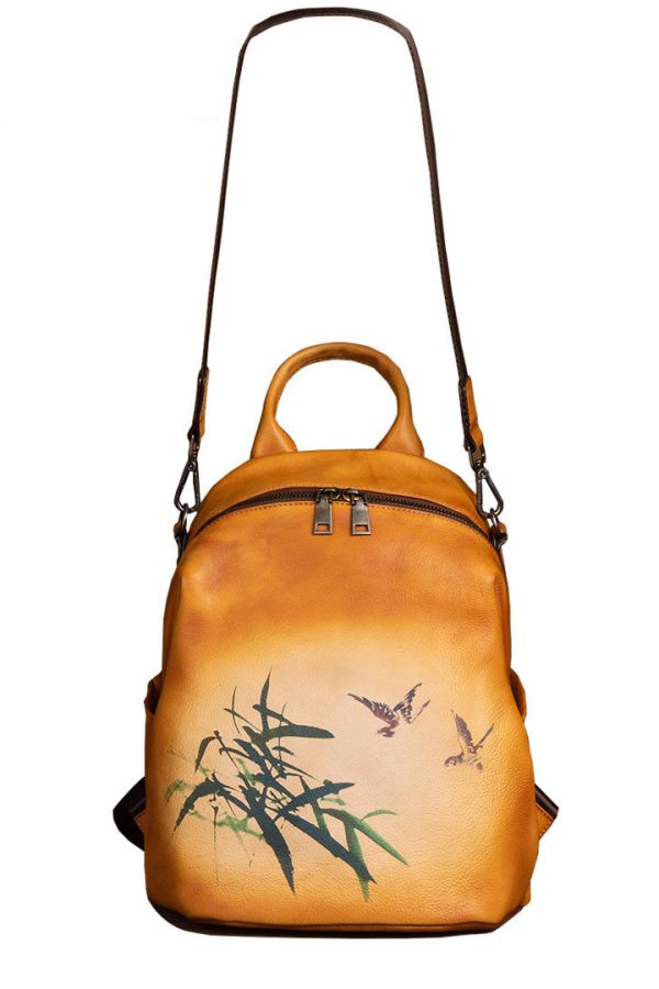 Art Yellow Print Paitings Calf Leather Backpack Bag