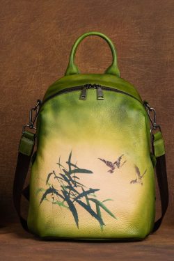Art Yellow Print Paitings Calf Leather Backpack Bag
