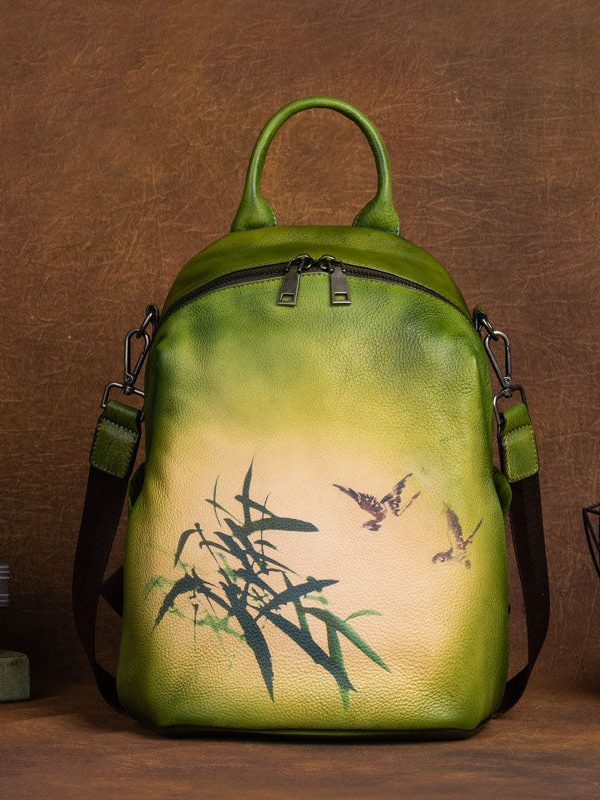 Art Yellow Print Paitings Calf Leather Backpack Bag