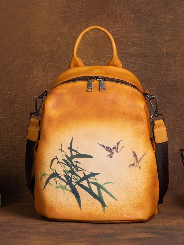 Art Yellow Print Paitings Calf Leather Backpack Bag