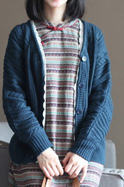 autumn dark blue cotton cardigan plus size casual lace chunky sweater tops