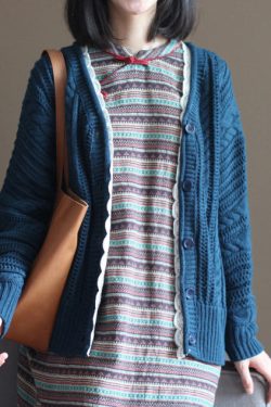 autumn dark blue cotton cardigan plus size casual lace chunky sweater tops