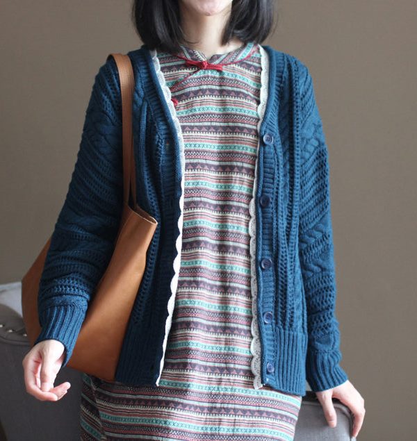 autumn dark blue cotton cardigan plus size casual lace chunky sweater tops