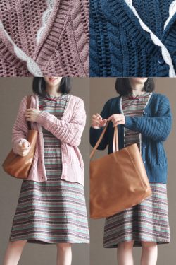 autumn dark blue cotton cardigan plus size casual lace chunky sweater tops