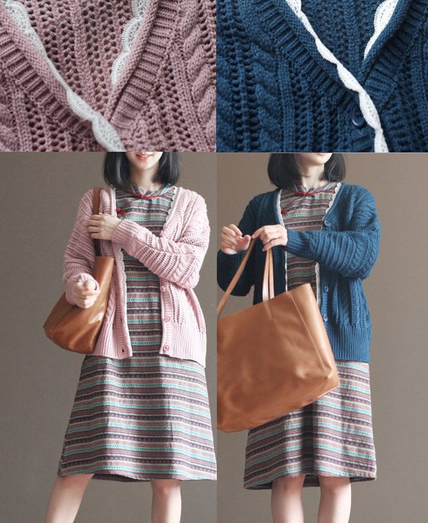 autumn dark blue cotton cardigan plus size casual lace chunky sweater tops
