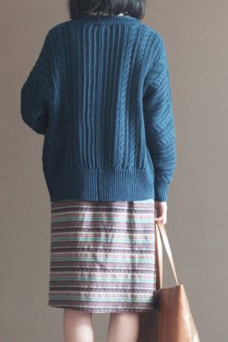 autumn dark blue cotton cardigan plus size casual lace chunky sweater tops