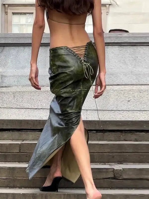 Baddie Leaf Lace Up Split Maxi Skirt