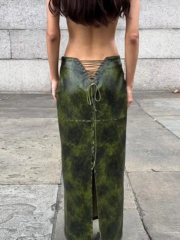 Baddie Leaf Lace Up Split Maxi Skirt