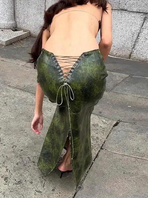 Baddie Leaf Lace Up Split Maxi Skirt