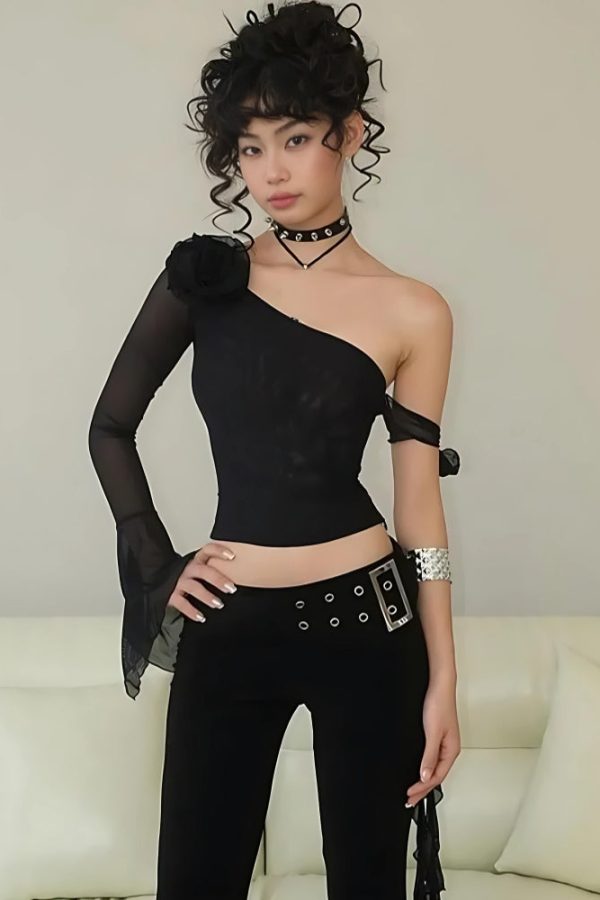 Baddie Rose One Shoulder Mesh Top