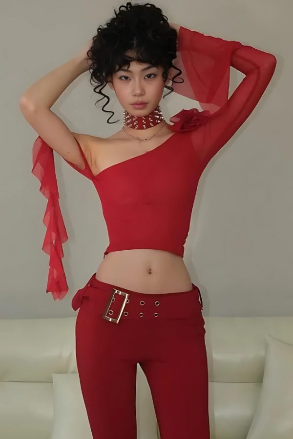 Baddie Rose One Shoulder Mesh Top