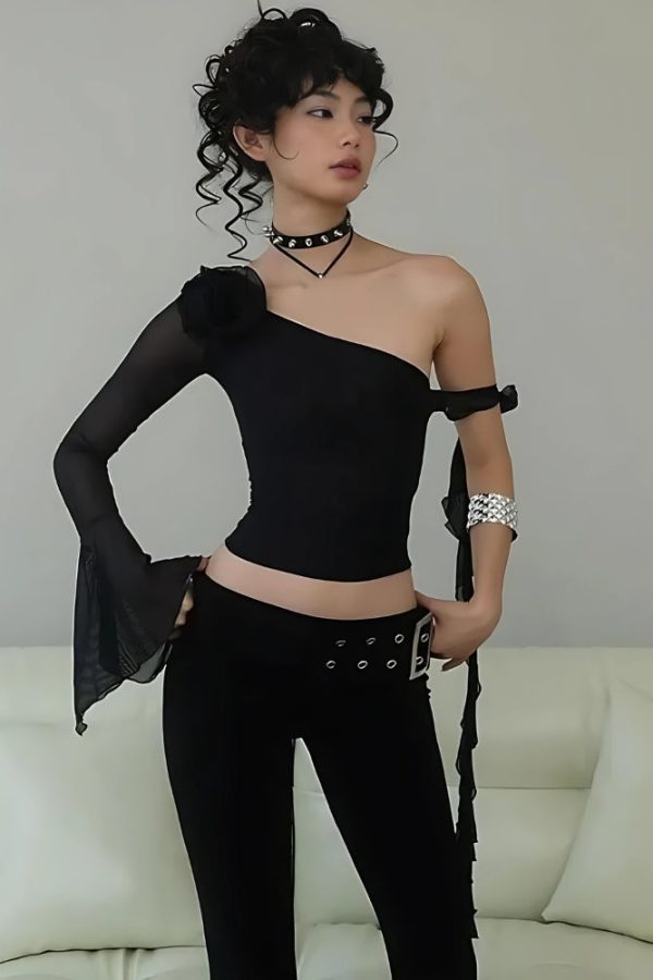 Baddie Rose One Shoulder Mesh Top