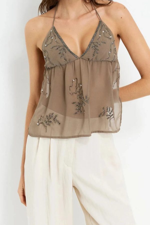 Beaded Chiffon Backless Top