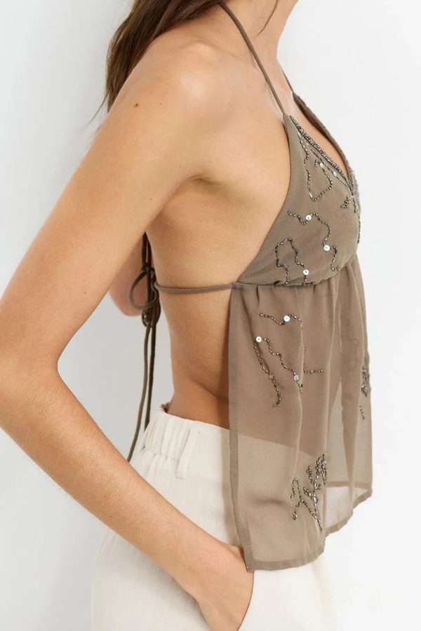Beaded Chiffon Backless Top