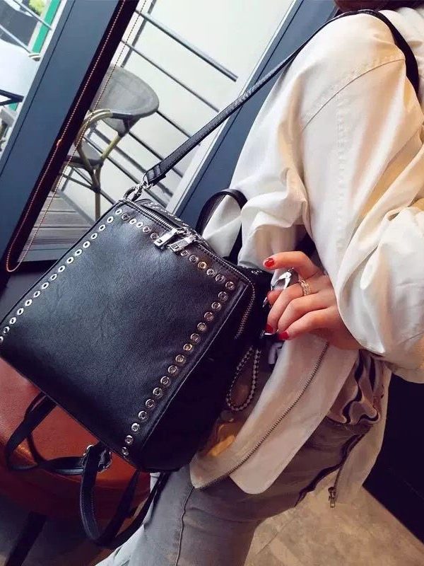 Beautiful Black Rivet Solid Durable Faux Leather Versatile Backpack Bag