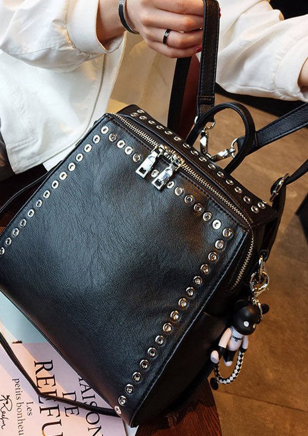Beautiful Black Rivet Solid Durable Faux Leather Versatile Backpack Bag