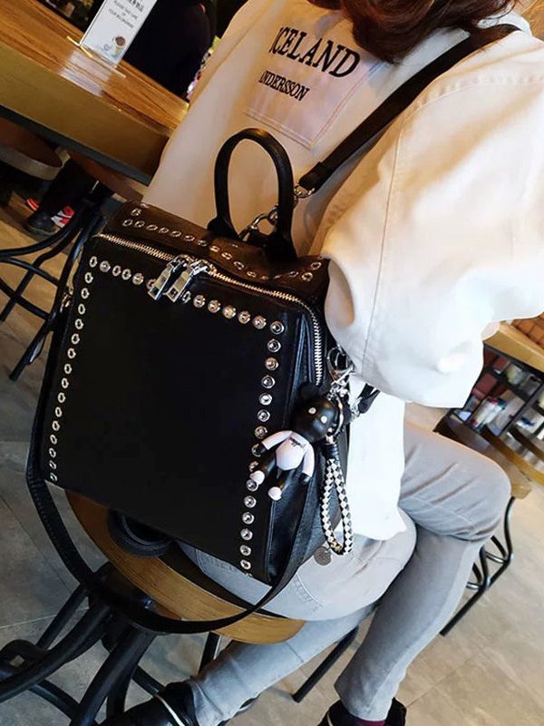 Beautiful Black Rivet Solid Durable Faux Leather Versatile Backpack Bag