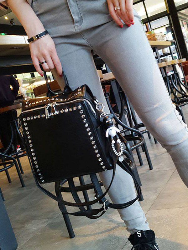 Beautiful Black Rivet Solid Durable Faux Leather Versatile Backpack Bag