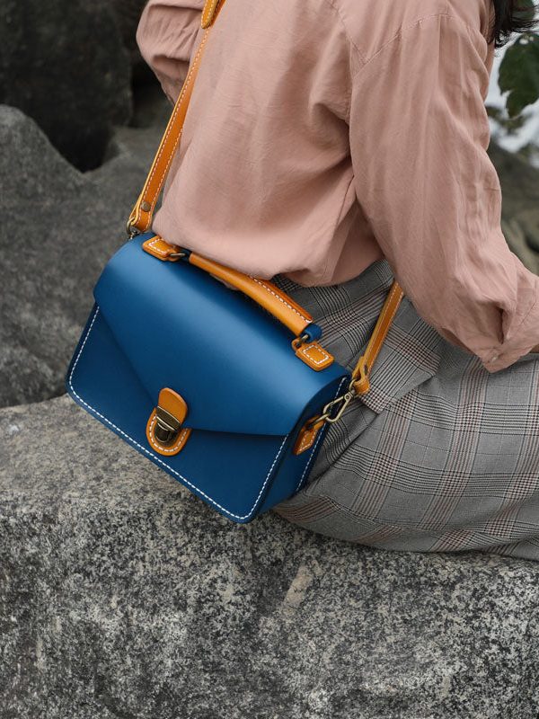 Beautiful Blue Calf Leather Women's Satchel Handbag