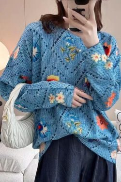 Beautiful Blue Floral Hollow Out Cotton Knit Sweater Tops Batwing Sleeve